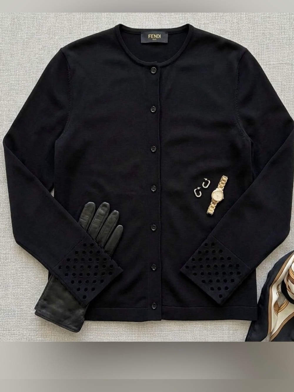 FENDI Black Knit Cardigan with Eyelet Cuff Detail - IT 46 / US 10